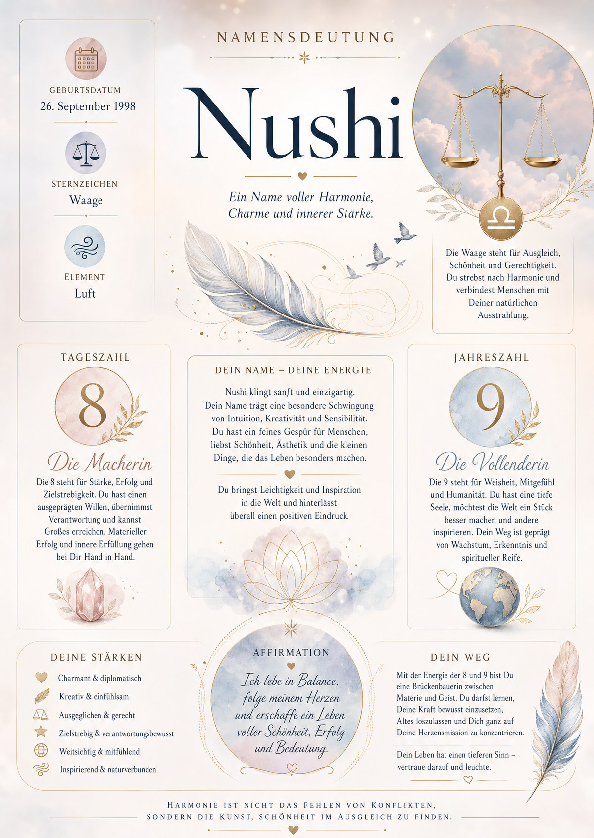 Beispiel: BirthSoul-Namensporträt für Nushi, vollständiges Blatt
